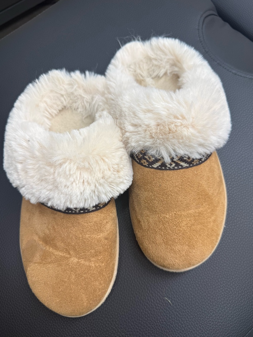 isotoner Faux Fur Cuff Suede-Look Slip-On Slippers - Camel and Cream